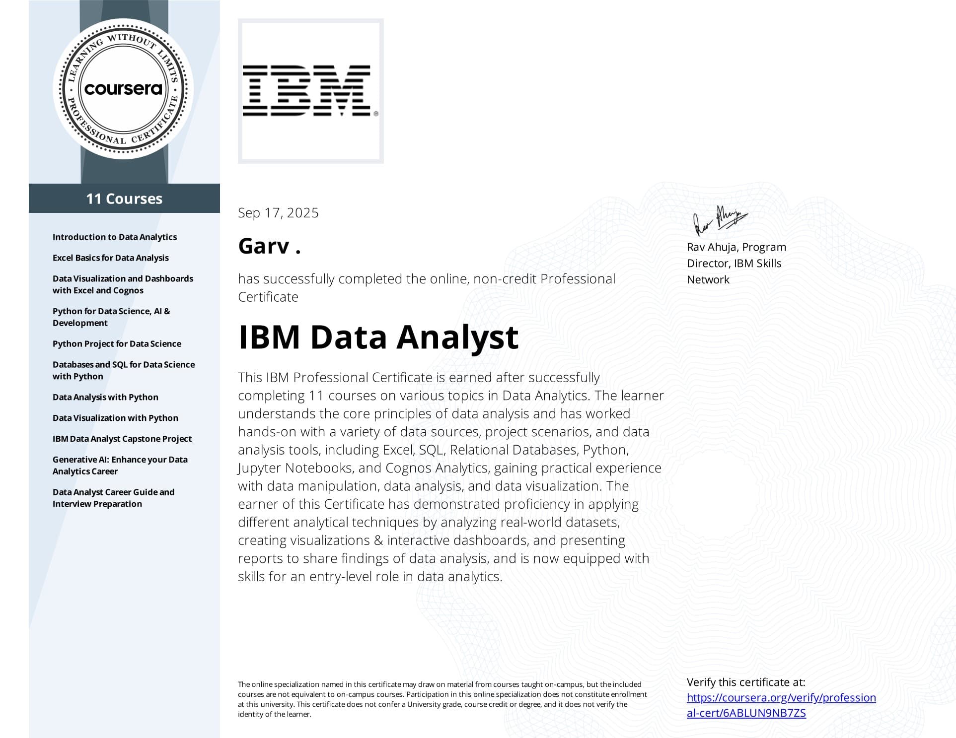IBM Data Analyst Professional Certificate credential